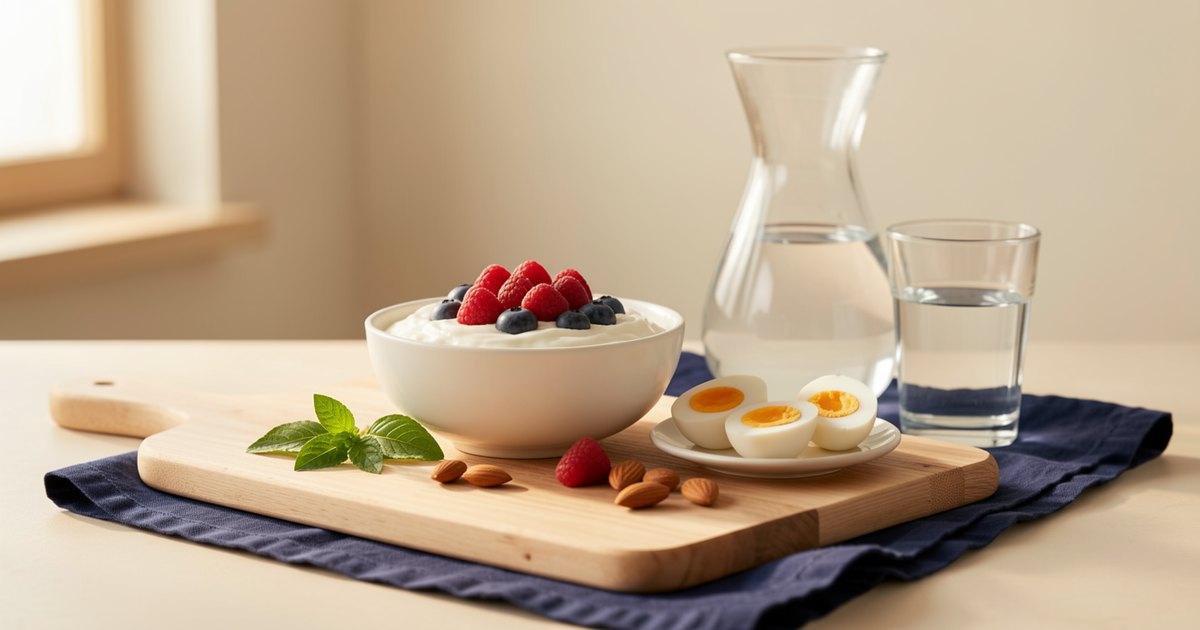 Café da manhã proteico com iogurte, frutas vermelhas, ovos cozidos, amêndoas e jarra de água