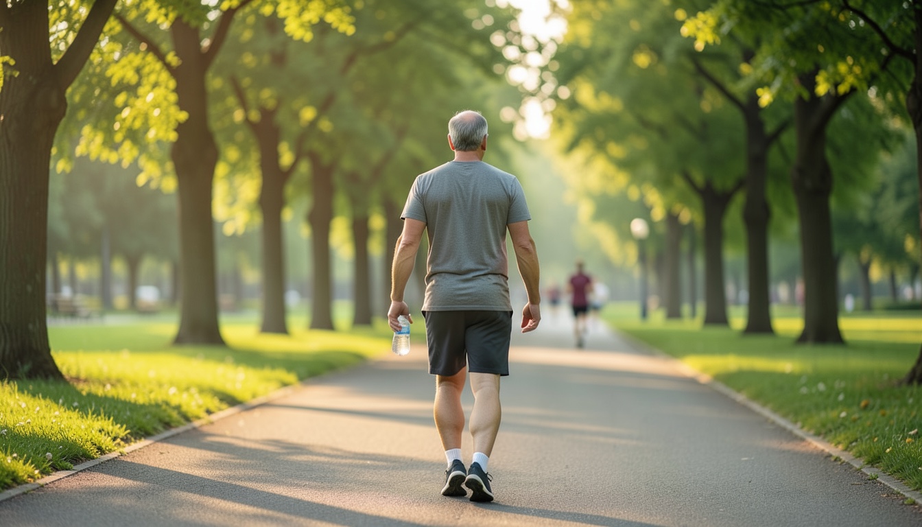 Homem de meia-idade caminhando em ritmo acelerado num parque arborizado, exemplo de exercício aeróbico para quem tem gordura no fígado