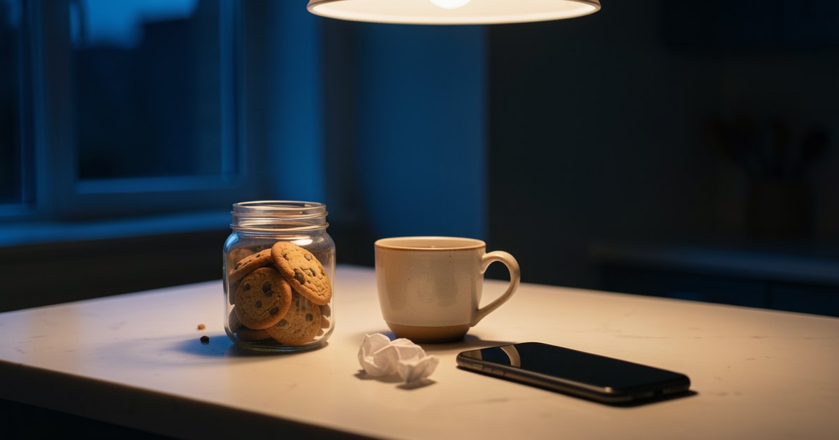 Balcão de cozinha à noite com pote de biscoitos aberto, xícara e celular, sob a luz baixa de um abajur