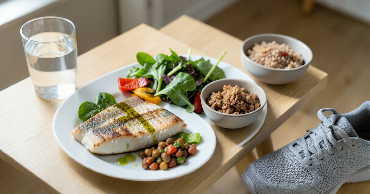Prato com filé de peixe grelhado, salada verde, legumes assados e arroz integral sobre mesa de madeira, com um copo de água e um tênis de corrida ao lado