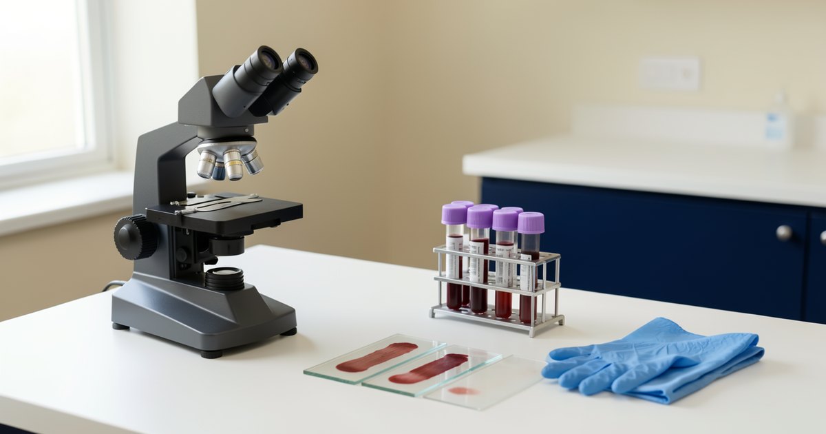 Bancada de laboratório com microscópio, tubos de coleta de tampa lilás e lâminas de esfregaço de sangue