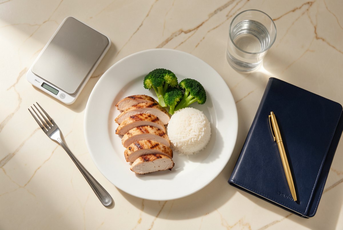 Prato com frango grelhado, brócolis e arroz ao lado de balança digital de precisão e caderno de acompanhamento nutricional
